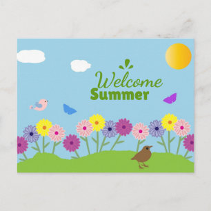 Welcome Summer Cute Flowers, Birds & Butterflies Postcard