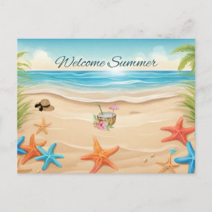 Welcome Summer Tropical Beach, Starfish Postcard