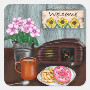 Welcome, Sunflowers, Donuts and Coffee Square Sticker
