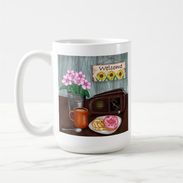 Welcome, Sunflowers, Doughnuts and Coffee Coffee Mug (Left)