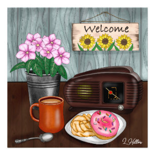 Welcome, Sunflowers, Doughnuts and Coffee Photo Print