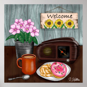 Welcome, Sunflowers, Doughnuts and Coffee Poster