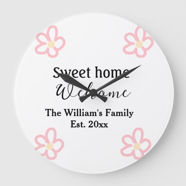 Welcome sweet home add family name year Est. Text  Large Clock (Front)