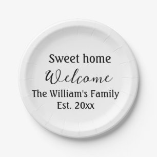 Welcome sweet home add family name year Est. Text  Paper Plate