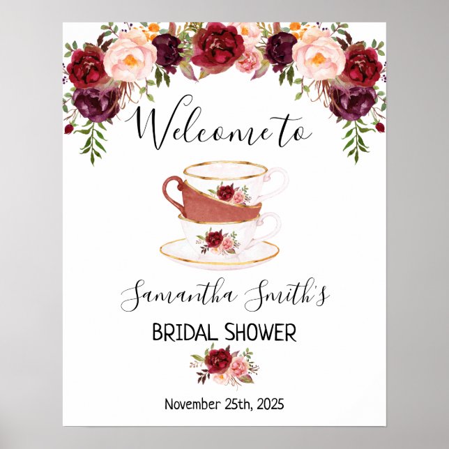 Welcome Tea bridal shower marsala floral sign (Front)