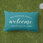 Welcome Teal Blue Personalised Family Name Address Lumbar Cushion<br><div class="desc">Simply stylish lumbar throw pillow feature "Welcome" modern script text in white with custom arched text that can be personalised with your family's last name monogram and your street address. Two sided design on the front and back included. The white text and teal green blue background can be modified to...</div>