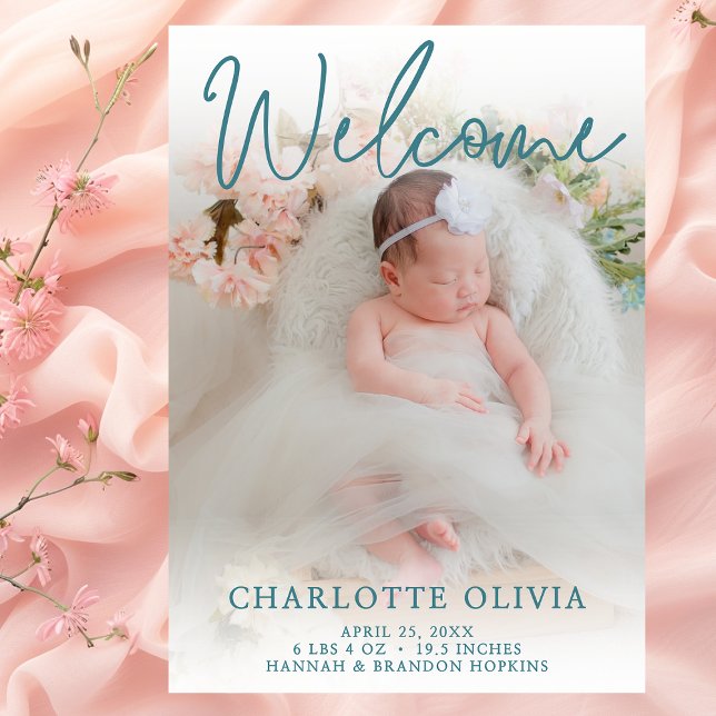 Welcome Teal Photo Birth Announcement (Creator Uploaded)