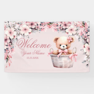 Welcome Teddy Bear Baby Girl Pink Flowers Party Banner