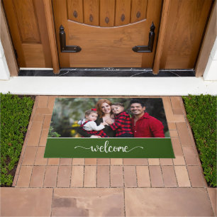 Welcome Text with Family Photo, Green Doormat