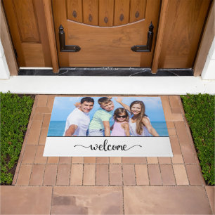Welcome Text with Family Photo, White Doormat