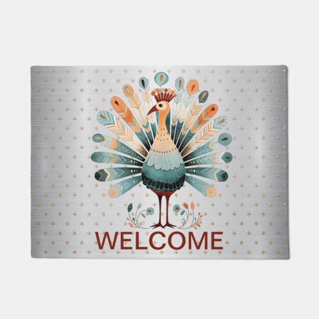 Welcome Thanksgiving Colourful Turkey Golden Stars Doormat (Front)