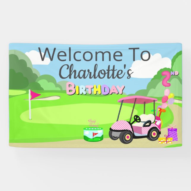 Welcome To 2nd Birthday Polka Dot Pink Girly Golf  Banner (Horizontal)