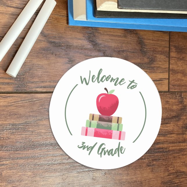 Welcome to 3rd Grade Apple Books Round Stickers (Welcome back to school white round sticker with grade .)
