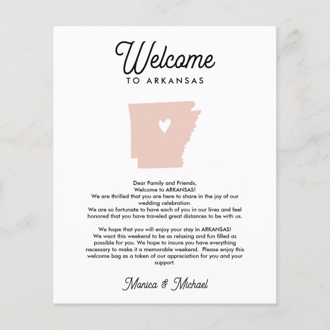 Welcome to ARKANSAS  Letter & Itinerary ANY COLOR (Front)