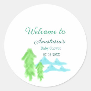 welcome to baby shower name blue green tree hill  classic round sticker