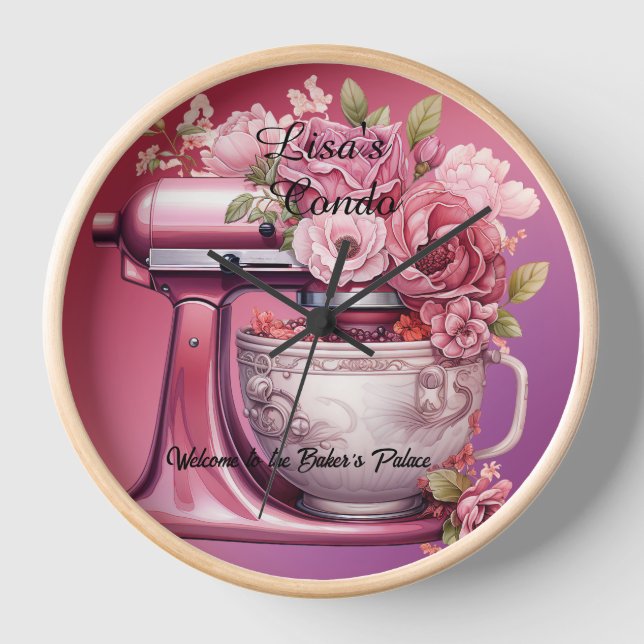 Welcome to Baker's Palace Pink Stand Mixer Roses Clock (Front)