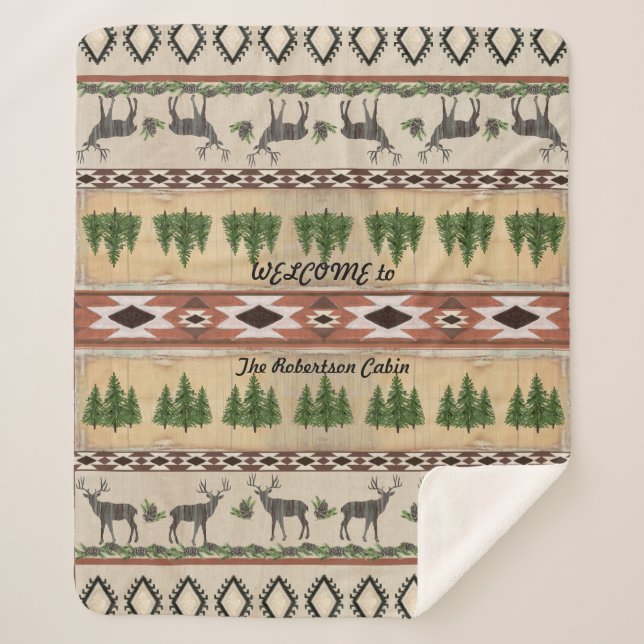 Welcome to Cabin in Woods Deer Antlers Rustic Wood Sherpa Blanket (Front)