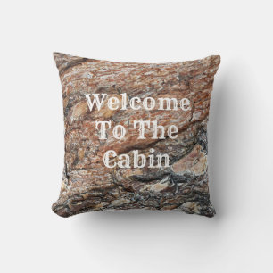 Welcome to Cabin Tree Bark Photo Rustic Nature Cushion