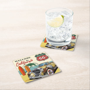 "Welcome to California" Route 66 retro poster, Square Paper Coaster