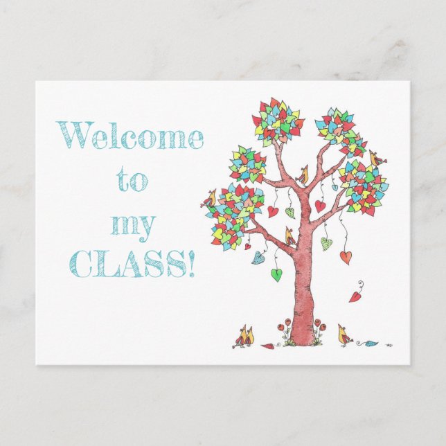 Welcome to Class Tree Hearts and Birds Teacher Postcard (Front)