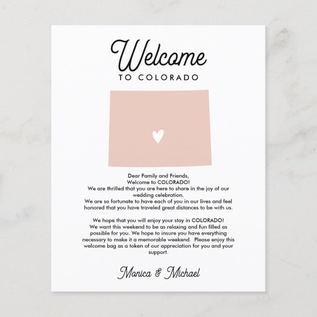 Welcome to COLORADO  Letter & Itinerary ANY COLOR (Front)