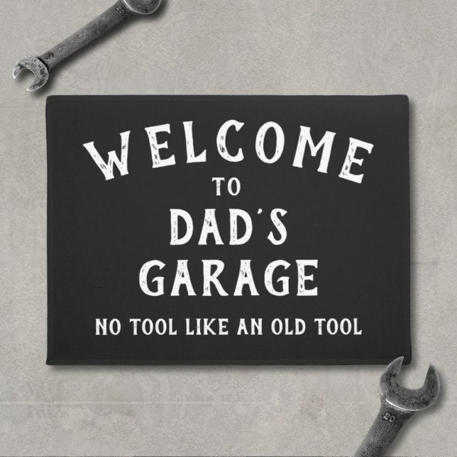 Welcome to Dad's Garage Quote Black Doormat (Welcome to Dad's Garage Doormat. No tool like an old tool! Fun gift for dads)