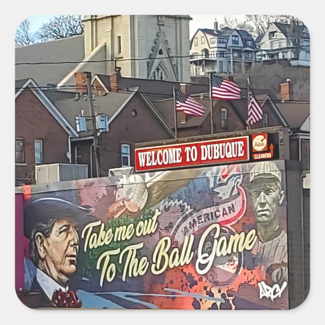 Welcome to Dubuque, Iowa Sign with American Flags Square Sticker (Front)