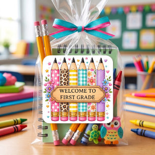 Welcome to First Grade Cartoon Pencil Square Sticker