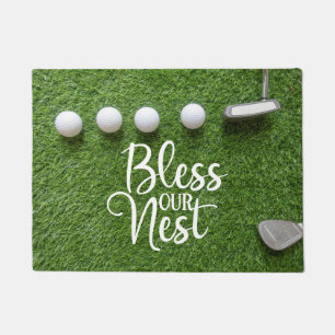 Welcome to golfer's home with golf balls & putter  doormat