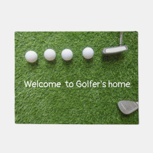 Welcome to golfer's home with golf balls & putter doormat
