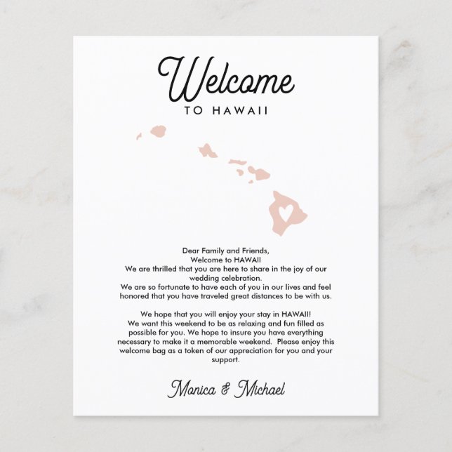 Welcome TO HAWAII Letter & Itinerary ANY COLOR (Front)