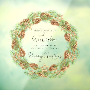 Welcome to Home Script Merry Christmas Cone Wreath Window Cling