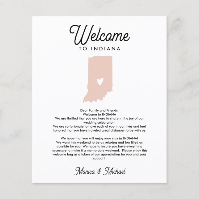 Welcome TO INDIANA Letter & Itinerary ANY COLOR (Front)