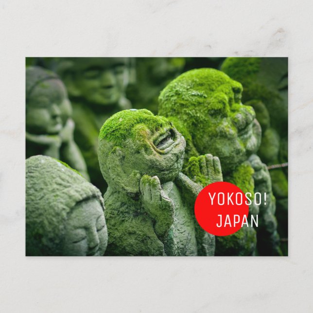 Welcome to japan green moss buddha postcrossing postcard (Front)