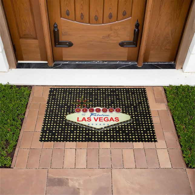 Welcome To Las Vegas Poker Card Suits on Black  Doormat (Outdoor)