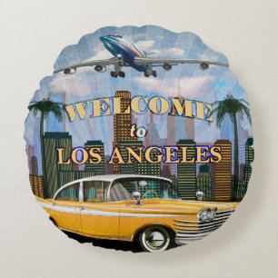 Welcome to Los Angeles retro poster. Round Cushion