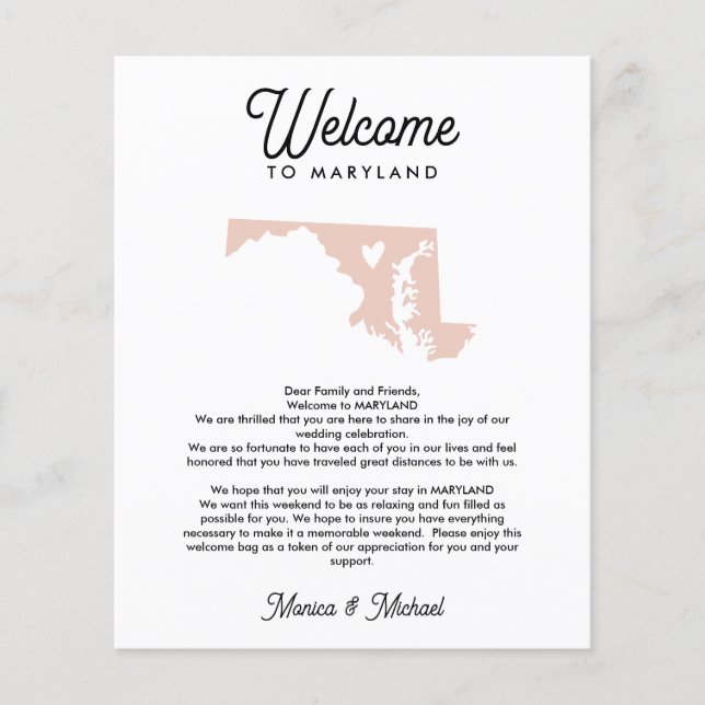 Welcome TO MARYLAND Letter & Itinerary ANY COLOR (Front)