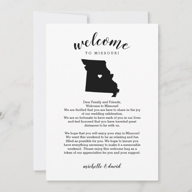 Welcome to Missouri Wedding Letter & Itinerary (Front)