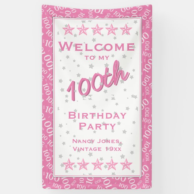 Welcome to my 100th Birthday Party - Pink/White Banner (Vertical)