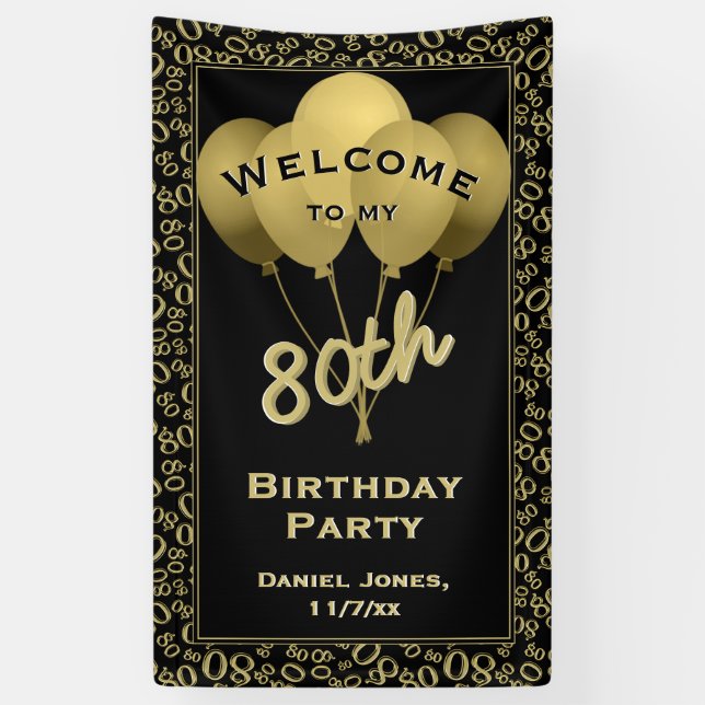 Welcome to my 80th Birthday Party - Gold/Black Banner (Vertical)