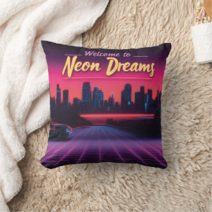 Welcome to Neon Dreams - Retro Wave Cityscape Cushion