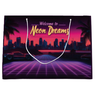 Welcome to Neon Dreams - Retro Wave Cityscape Large Gift Bag