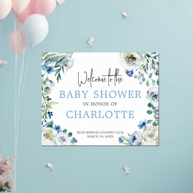 Welcome to Our Baby Shower Elegant Blue Floral Poster (Creator Uploaded)