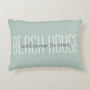 Welcome To Our Beach House Quote Green Decorative Decorative Cushion