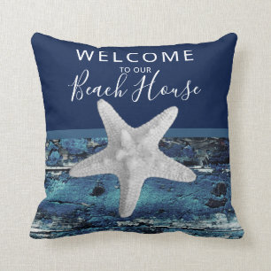 Welcome to Our Beach House Rustic Nautical Navy Cushion