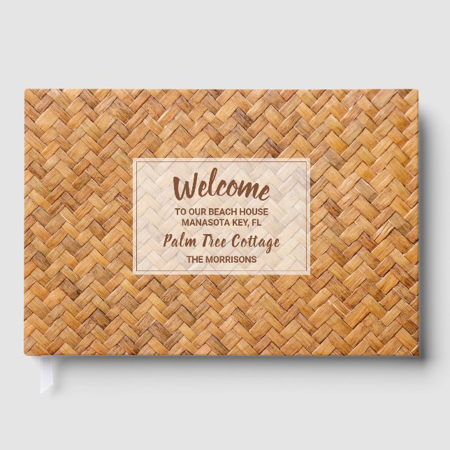 Welcome to our Beach House Woven Palm Leaf Mat Guest Book (Front)