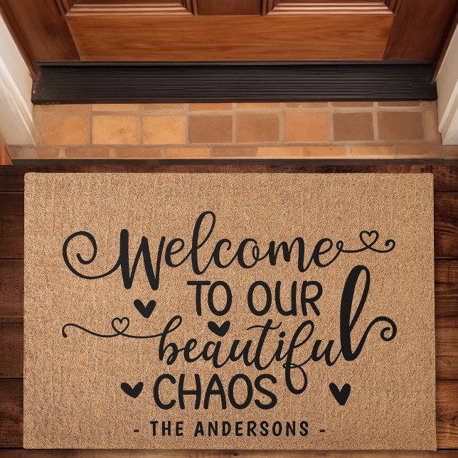 Welcome To Our Beautiful Chaos Family Faux Burlap Doormat (Creator Uploaded)