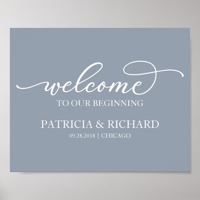 Welcome To Our Beginning Chic Dusty Blue Sign (Front)