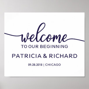 Welcome to Our Beginning Chic Navy Blue Sign
