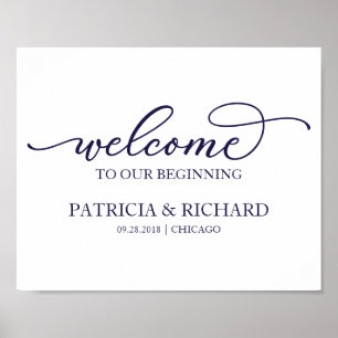 Welcome To Our Beginning Chic Navy Blue Sign